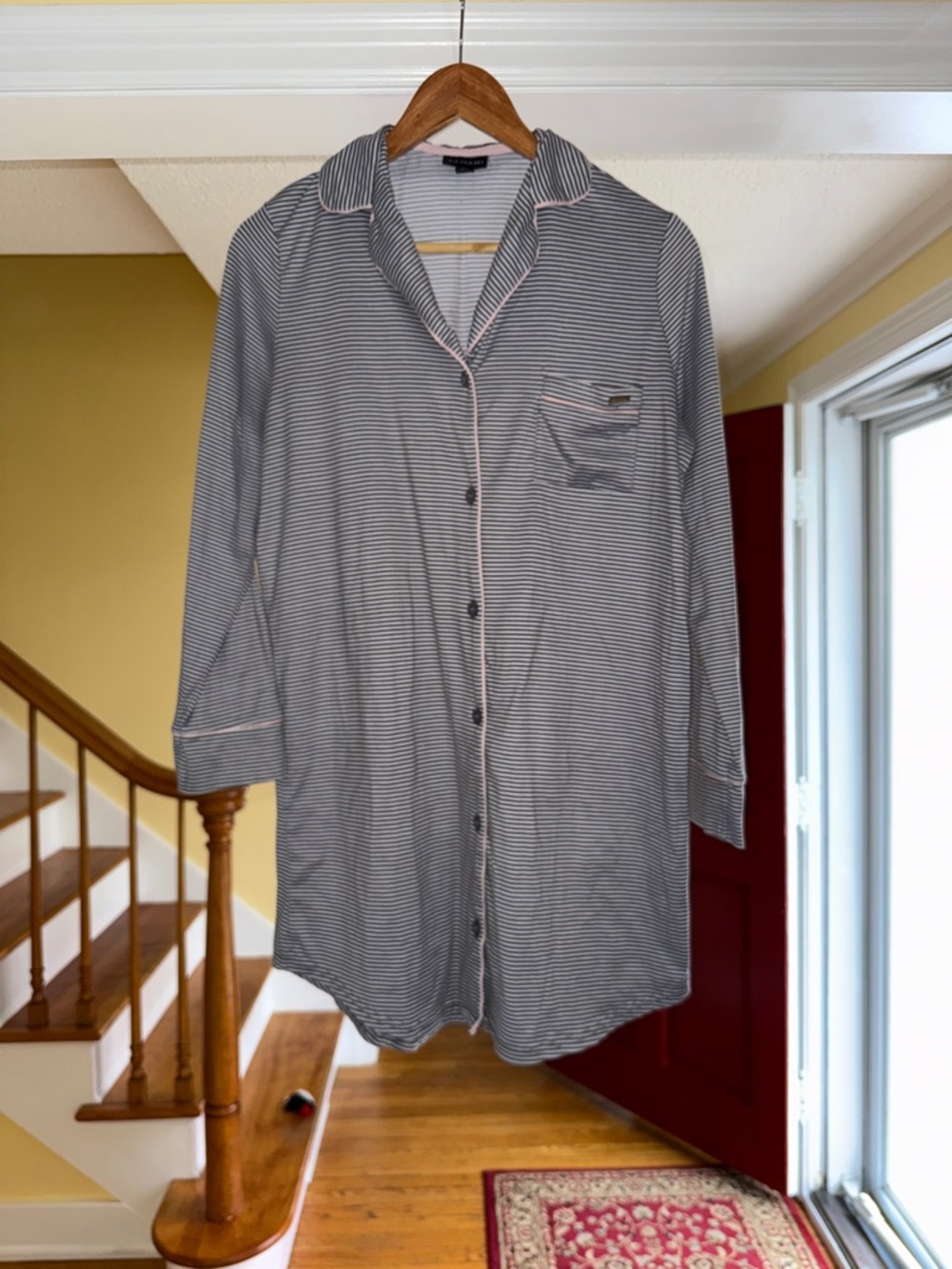 Long Striped Button-Front Nightshirt with Contrast Trim